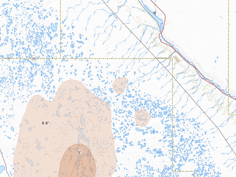 Radar-estimated hail-size map of the storm over Donnybrook, ND on Jun 7, 2026