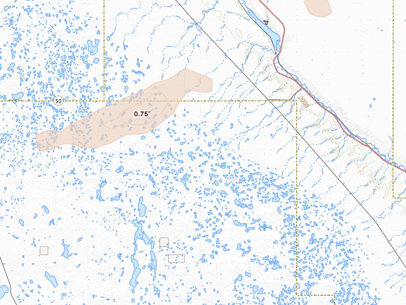 Radar-estimated hail-size map of the storm over Donnybrook, ND on Jul 5, 2026