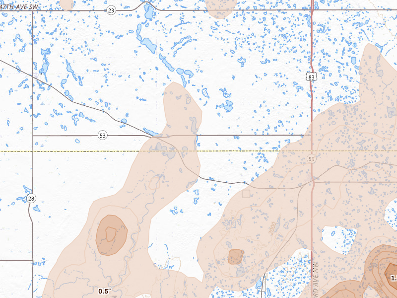 Radar-estimated hail-size map of the storm over Douglas, ND on Jun 28, 2026