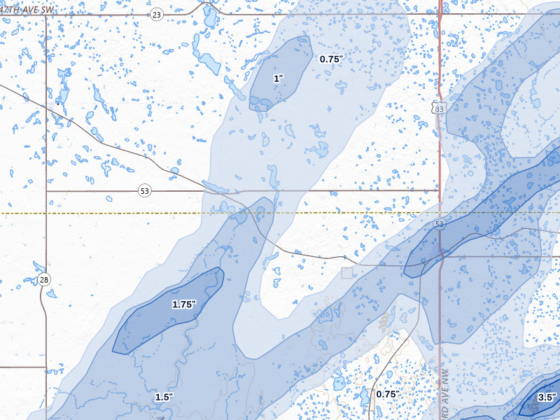 NEXRAD radar-signature map of the hail storm over Douglas, ND on Jun 28, 2026