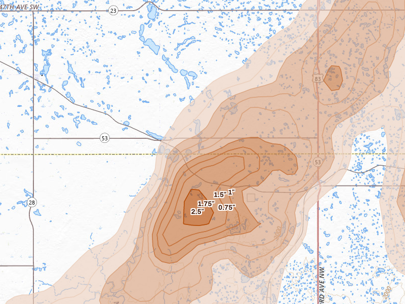 Radar-estimated hail-size map of the storm over Douglas, ND on Jun 29, 2026