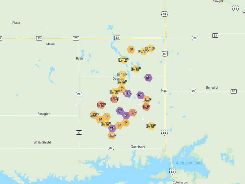 Hail map of Douglas, ND on Jun 29, 2026, hail up to 4"