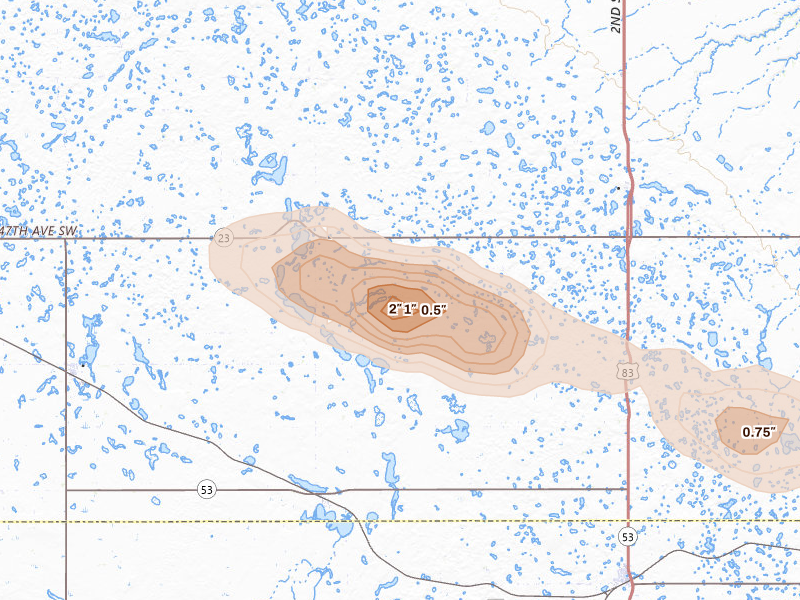 Radar-estimated hail-size map of the storm over Douglas, ND on Aug 10, 2026