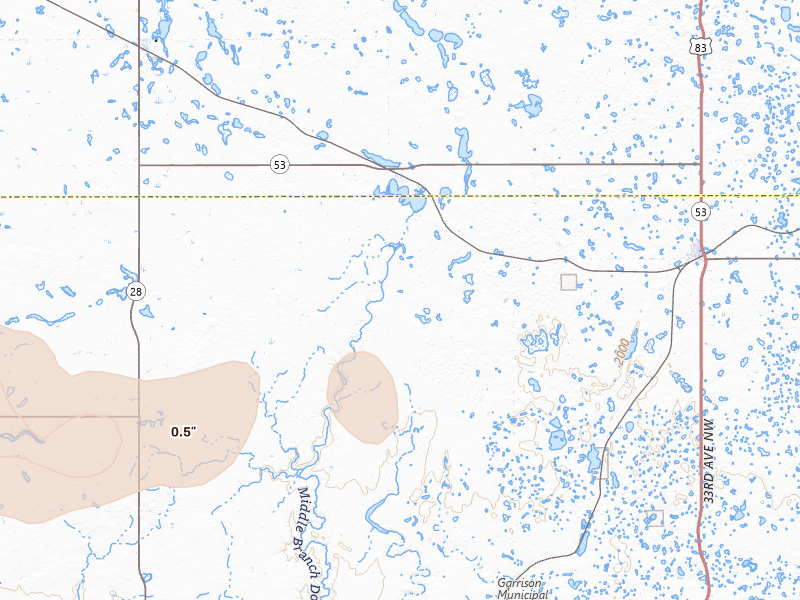 Radar-estimated hail-size map of the storm over Douglas, ND on Aug 30, 2026