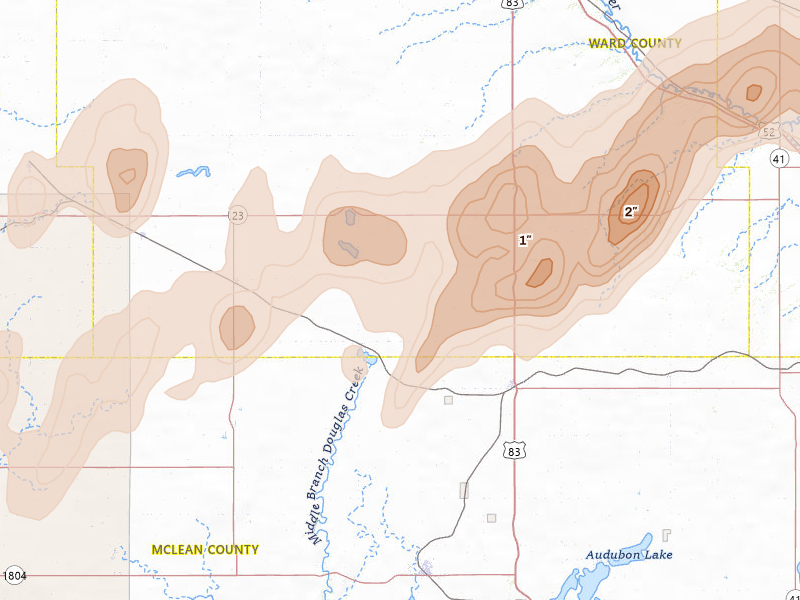 Radar-estimated hail-size map of the storm over Douglas, ND on Sep 2, 2026