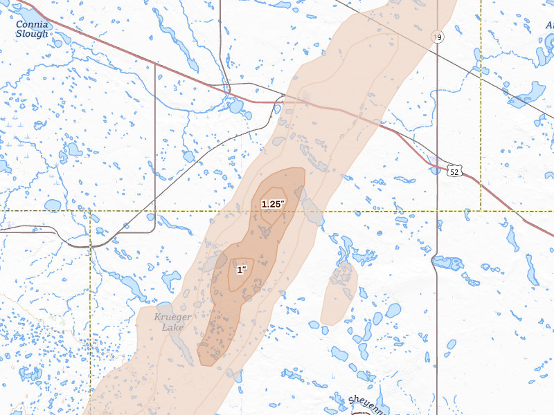 Radar-estimated hail-size map of the storm over Drake, ND on Jun 2, 2026