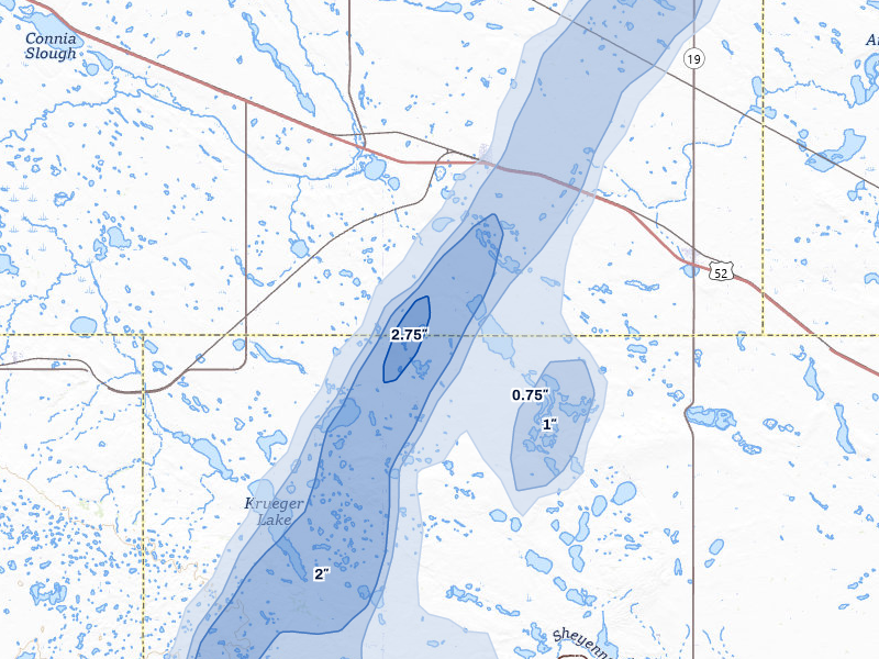 NEXRAD radar-signature map of the hail over Drake, ND