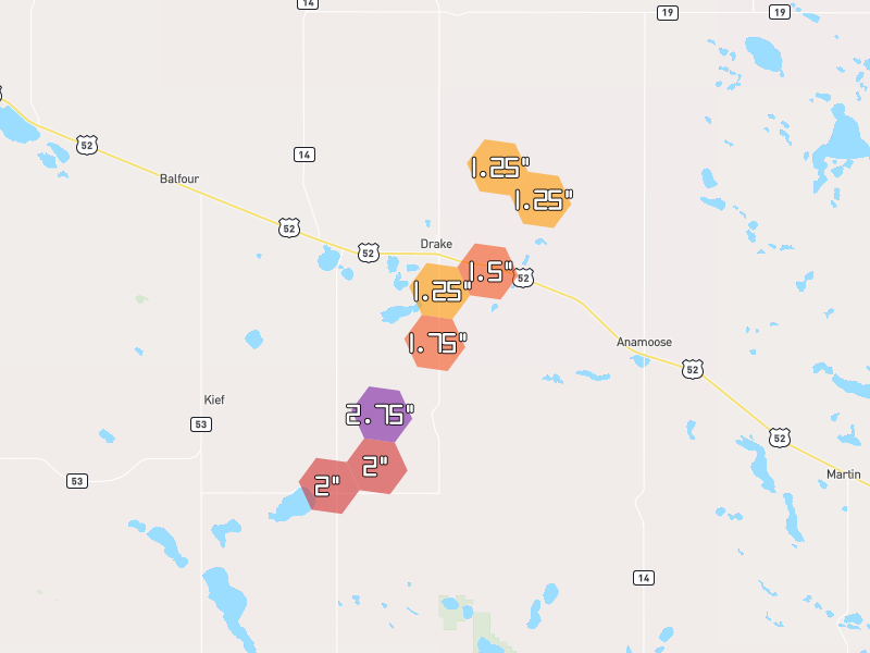 Hail map of Drake, ND on Jun 2, 2026, hail up to 2.75"