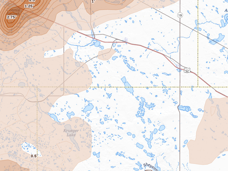 Radar-estimated hail-size map of the storm over Drake, ND on Jun 28, 2026