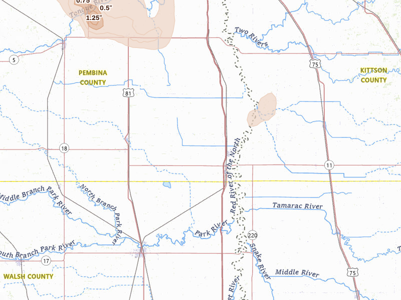Radar-estimated hail-size map of the storm over Drayton, ND on Jul 26, 2026