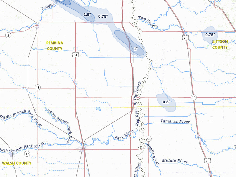 NEXRAD radar-signature map of the hail storm over Drayton, ND on Jul 26, 2026