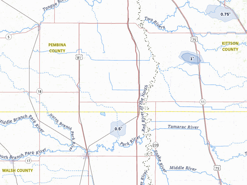 NEXRAD radar-signature map of the hail storm over Drayton, ND on Jul 30, 2026