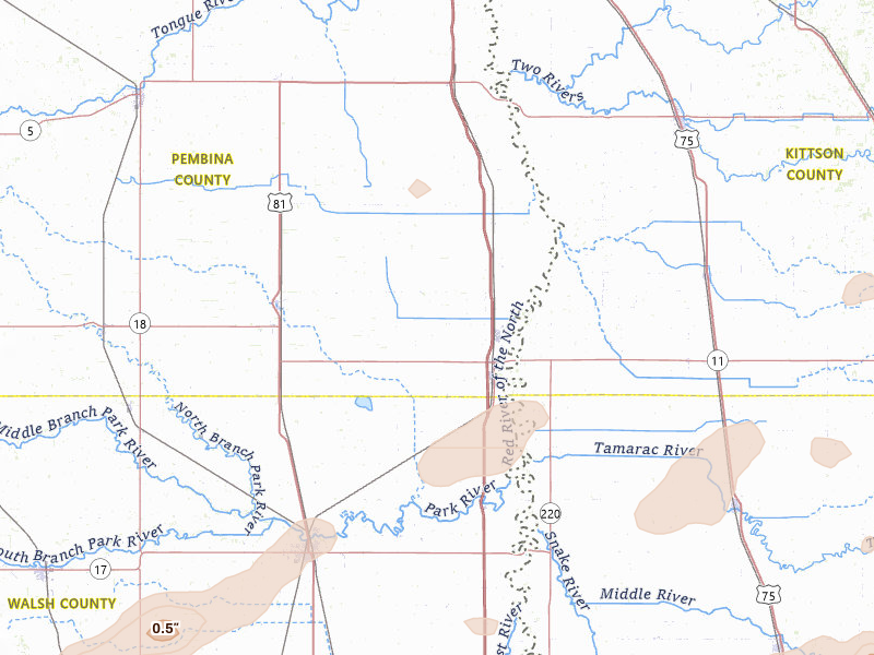 Radar-estimated hail-size map of the storm over Drayton, ND on Aug 2, 2026