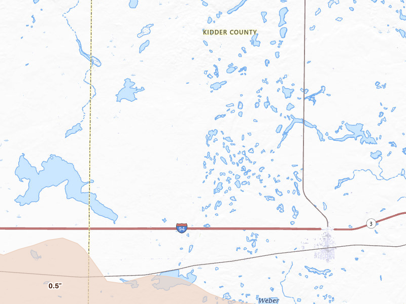 Radar-estimated hail-size map of the storm over Driscoll, ND on Jul 19, 2026
