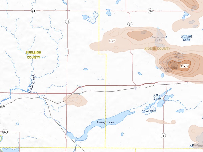 Radar-estimated hail-size map of the storm over Driscoll, ND on Aug 24, 2026