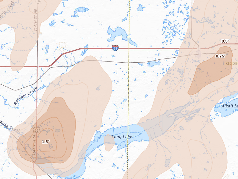 Radar-estimated hail-size map of the storm over Driscoll, ND