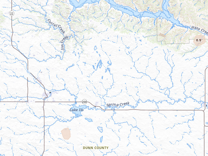 Radar-estimated hail-size map of the storm over Dunn Center, ND on Jun 27, 2026