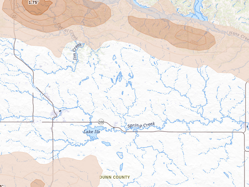 Radar-estimated hail-size map of the storm over Dunn Center, ND on Jul 5, 2026