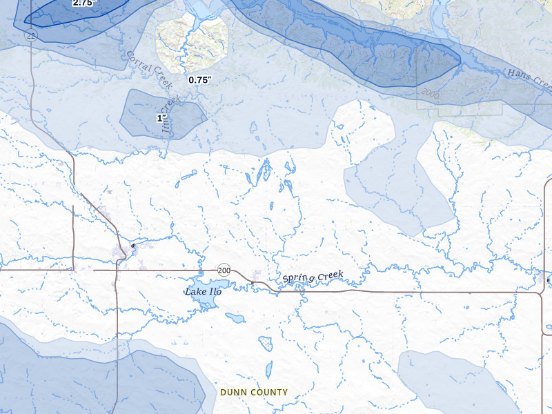 NEXRAD radar-signature map of the hail storm over Dunn Center, ND on Jul 5, 2026