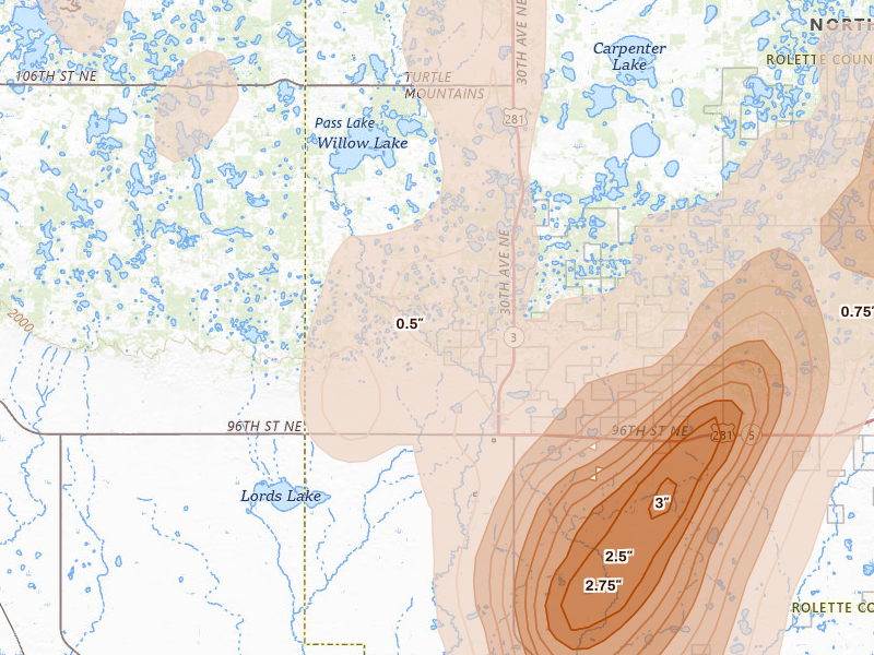 Radar-estimated hail-size map of the storm over Dunseith, ND on Jun 2, 2026