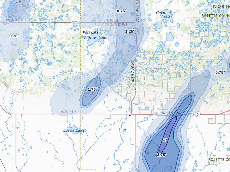 NEXRAD radar-signature map of the hail over Dunseith, ND