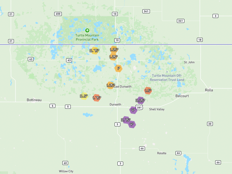 Hail map of Dunseith, ND on Jun 2, 2026, hail up to 4"