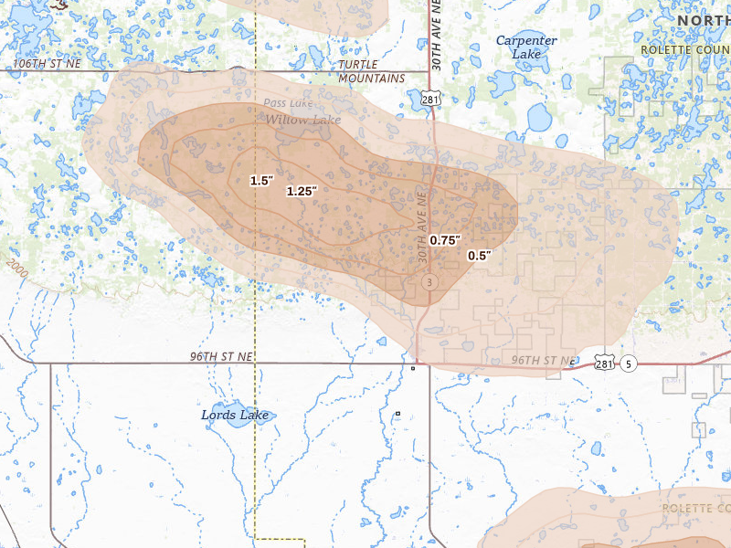 Radar-estimated hail-size map of the storm over Dunseith, ND on Jul 16, 2026
