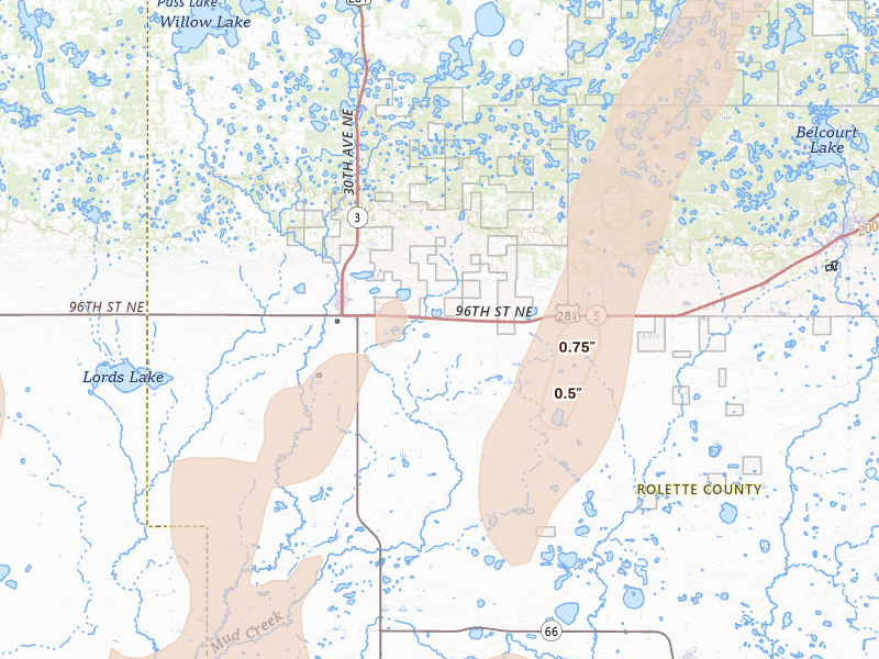 Radar-estimated hail-size map of the storm over Dunseith, ND on Sep 4, 2026