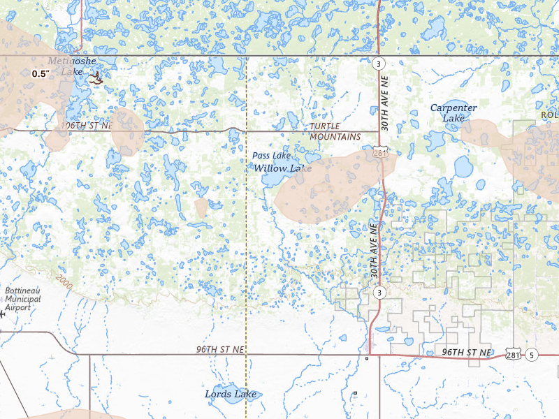 Radar-estimated hail-size map of the storm over Dunseith, ND on Sep 5, 2026