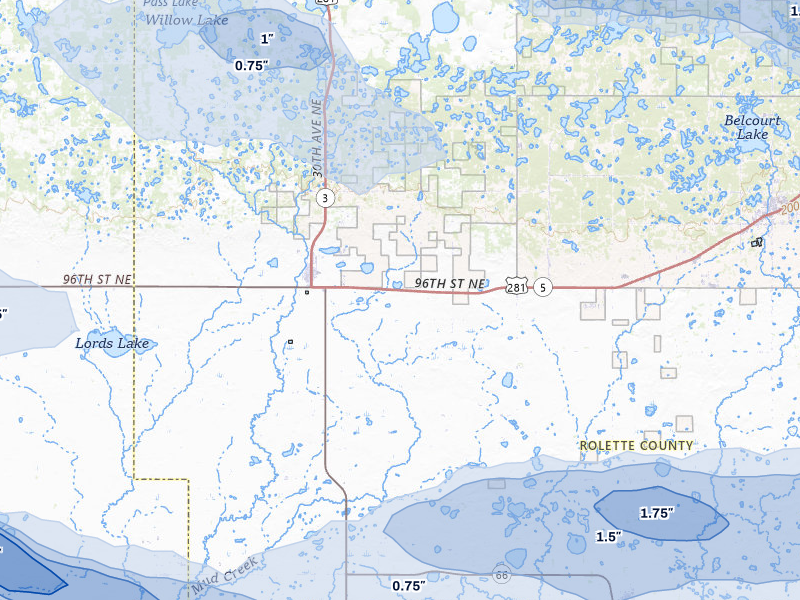 NEXRAD radar-signature map of the hail storm over Dunseith, ND on Sep 5, 2026