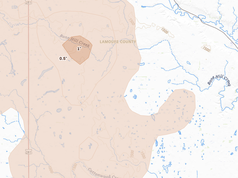 Radar-estimated hail-size map of the storm over Edgeley, ND on Jul 9, 2026