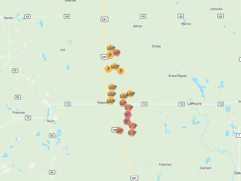 Hail map of Edgeley, ND on Jul 10, 2026, hail up to 2"