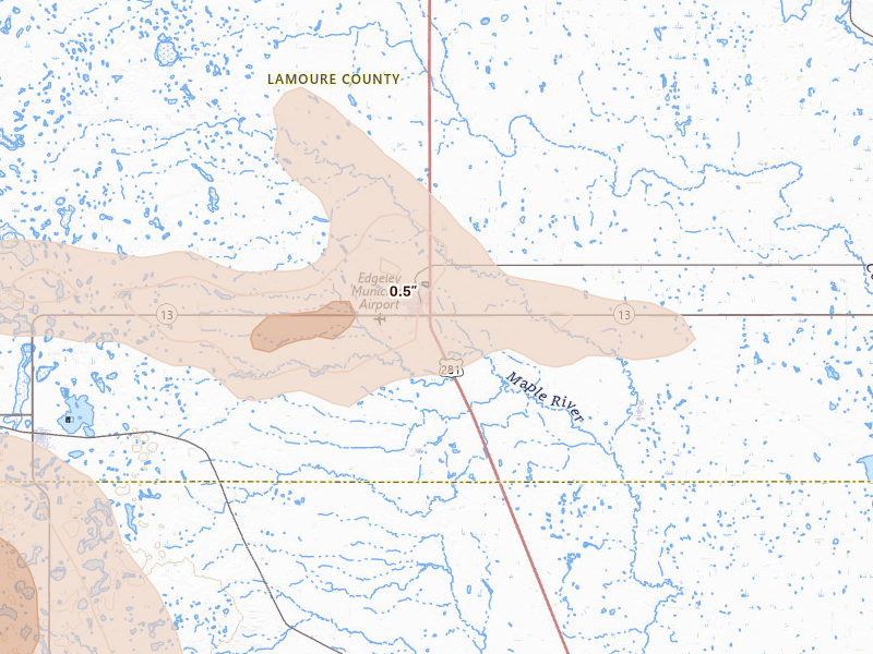 Radar-estimated hail-size map of the storm over Edgeley, ND on Aug 11, 2026