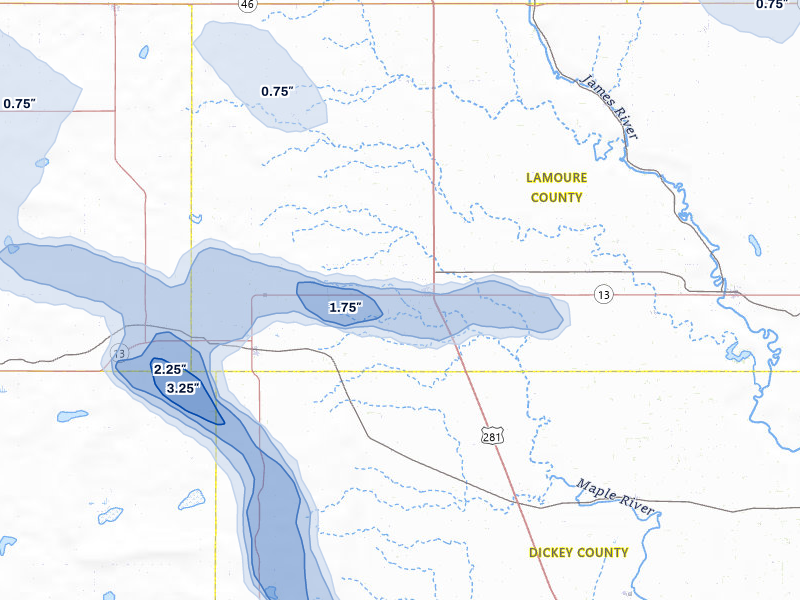 NEXRAD radar-signature map of the hail storm over Edgeley, ND on Aug 11, 2026