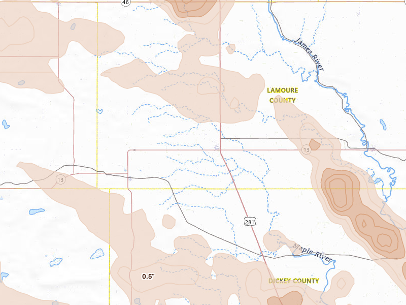 Radar-estimated hail-size map of the storm over Edgeley, ND on Aug 24, 2026
