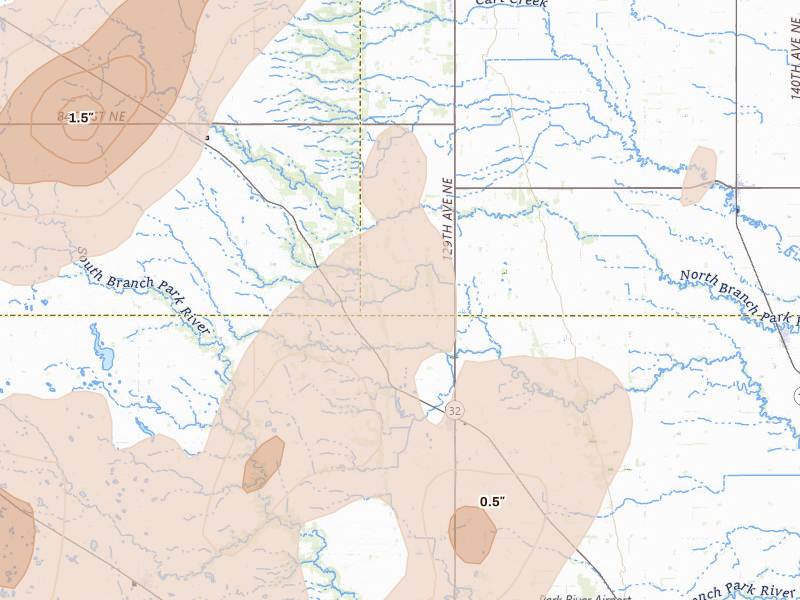 Radar-estimated hail-size map of the storm over Edinburg, ND on Jun 2, 2026