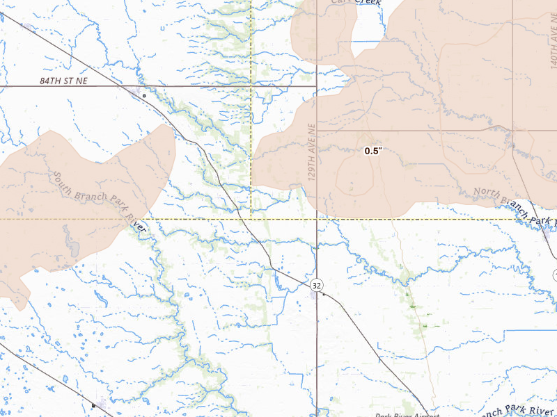 Radar-estimated hail-size map of the storm over Edinburg, ND on Jun 28, 2026