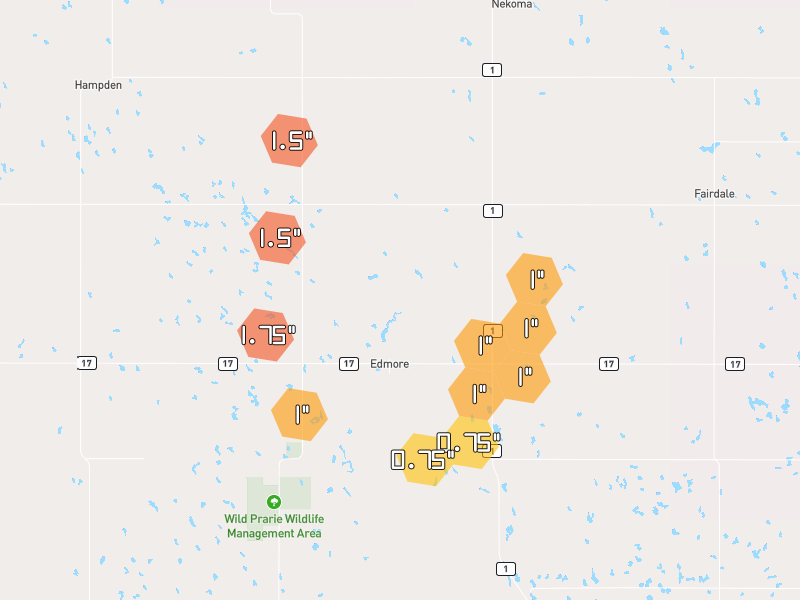 Hail map of Edmore, ND on Jun 2, 2026, hail up to 1.75"