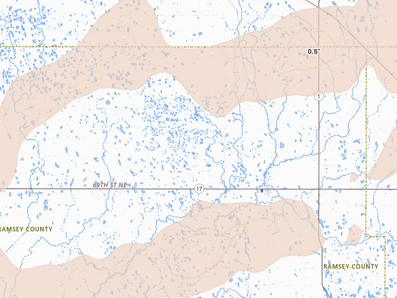 Radar-estimated hail-size map of the storm over Edmore, ND on Jun 28, 2026