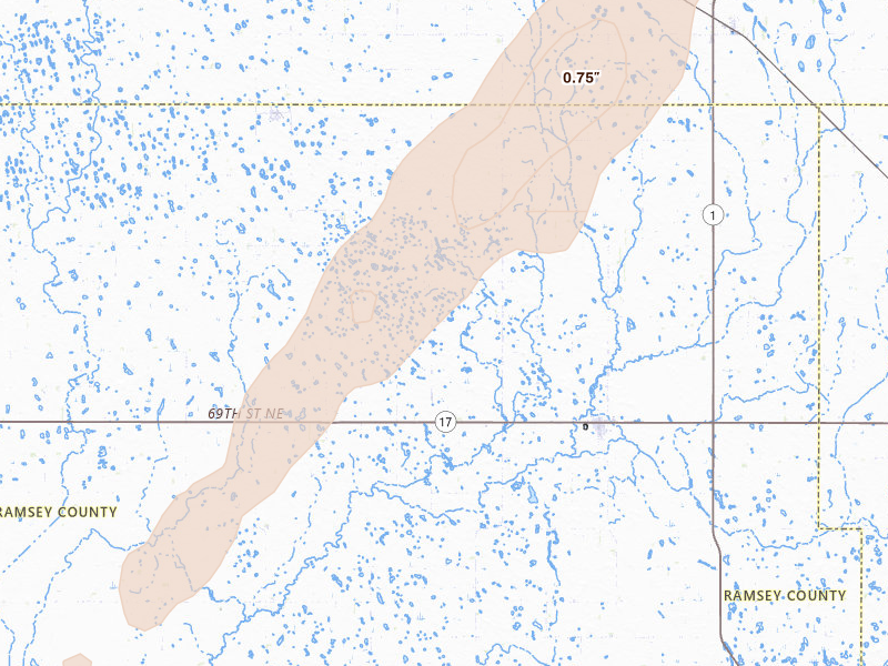 Radar-estimated hail-size map of the storm over Edmore, ND on Jun 29, 2026