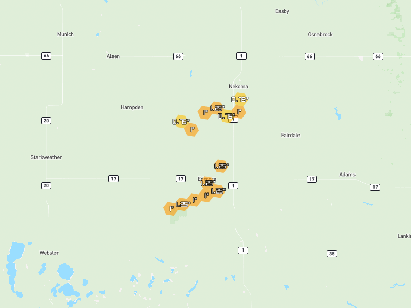 Hail map of Edmore, ND on Jun 29, 2026, hail up to 1.25"