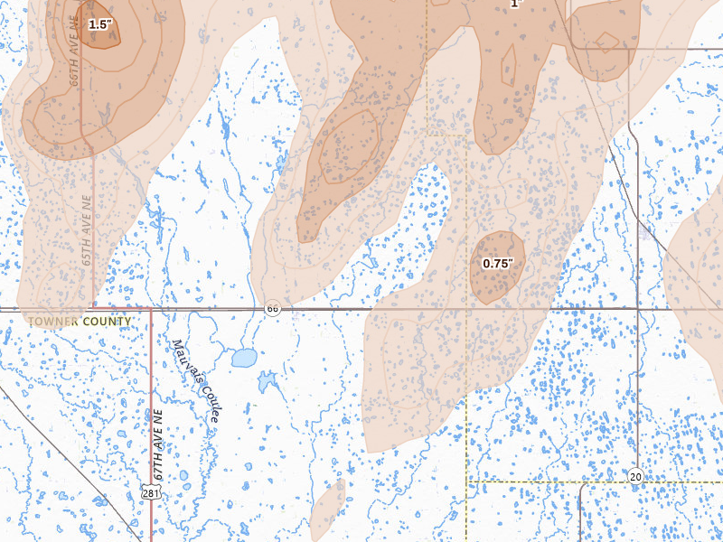 Radar-estimated hail-size map of the storm over Egeland, ND on Jun 2, 2026