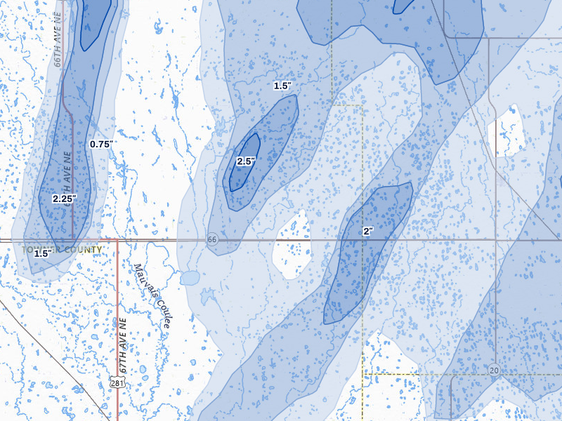 NEXRAD radar-signature map of the hail over Egeland, ND