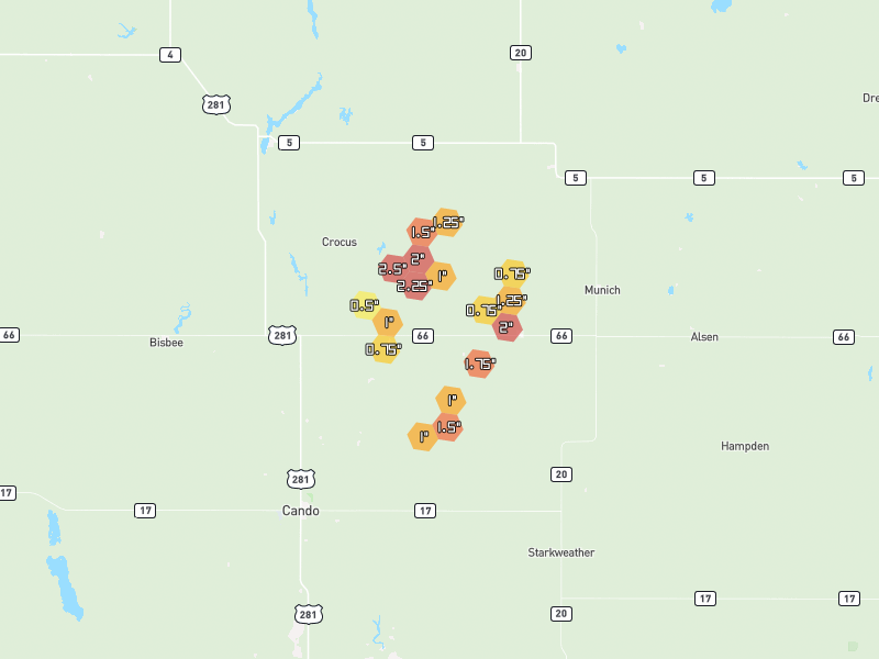 Hail map of Egeland, ND on Jun 2, 2026, hail up to 2.5"