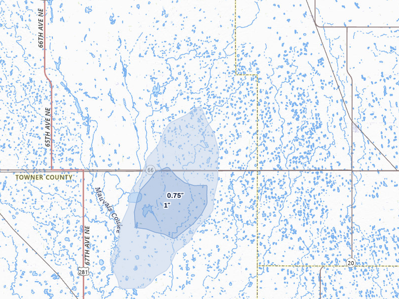 NEXRAD radar-signature map of the hail over Egeland, ND