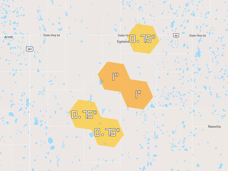 Hail map of Egeland, ND on Jun 28, 2026, hail up to 1"