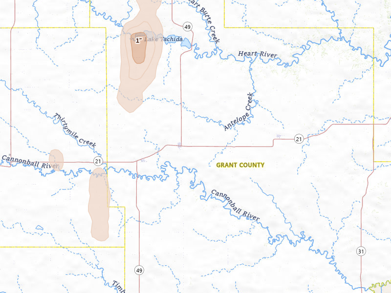 Radar-estimated hail-size map of the storm over Elgin, ND on May 21, 2026