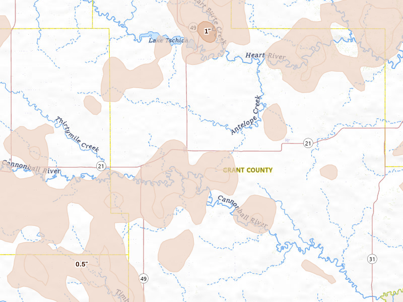 Radar-estimated hail-size map of the storm over Elgin, ND on Jun 27, 2026