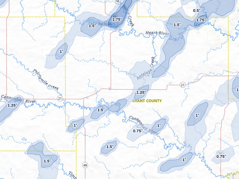 NEXRAD radar-signature map of the hail storm over Elgin, ND on Jun 27, 2026