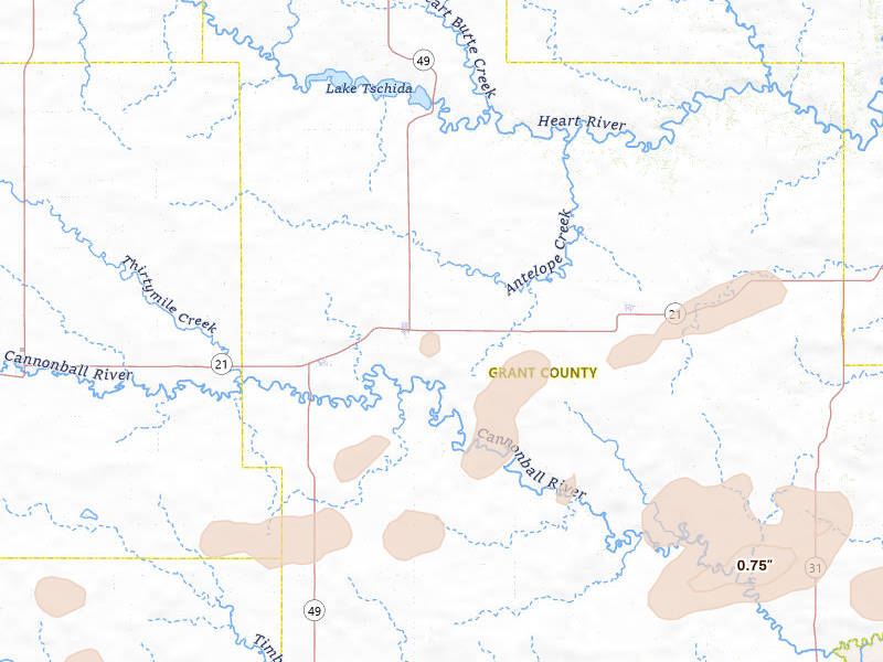 Radar-estimated hail-size map of the storm over Elgin, ND on Jul 1, 2026